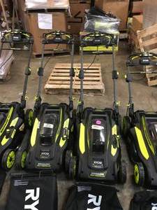 PALLET WITH 2O IN. RYOBI ELECTRIC MOWERS BATTERY AND CHARGER NOT INCLUDED CUSTOMER RETURNS SEE PICS