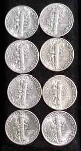 GROUP OF 8 AU-UNC MERCURY SILVER DIMES