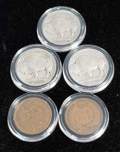 GROUP OF 5 US COINS IN AIRTITES 3 BUFFALO NICKELS 2 INDIAN HEAD CENTS