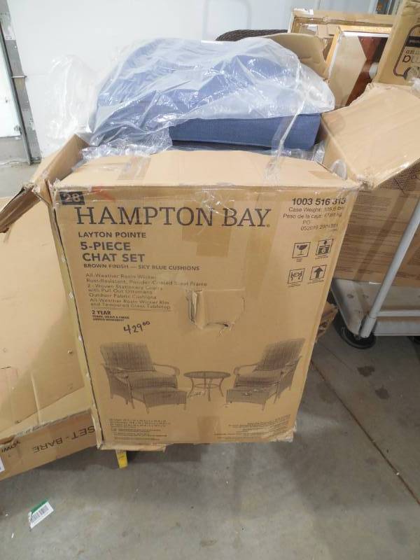 lot 46 image: Layton Pointe 5-Piece Brown Wicker Outdoor Patio Conversation Seating Set with Standard Sky Blue Cushions