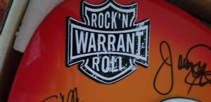 lot 15 image: WARRANT Signed Guitar and Drum Sticks