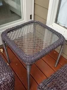 lot 43 image: Outdoor Wicker Glass Topped Tables, Pair