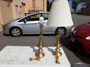 Pair Of Brass Lamps & Brass End Table