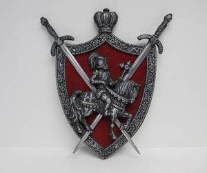 lot 39 image: Vintage Medieval Style Knight on Horseback Wall Hanging w Removeable Swords