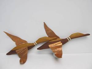 lot 42 image: 2 Vintage Mid Century Wood & Copper Flying Duck Wall Hangings