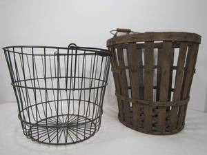 lot 18 image: Large Antique Metal Wire & Wood Farm Baskets