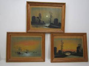 lot 34 image: 3 Vintage Framed Original GaucheWatercolor Paintings