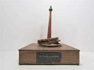 lot 118 image: Antique 1880s Milton Bradley Wooden Ring Toss Game wRings - Pitch-A-Ring