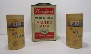 lot 124 image: 3 Old vintage Advertising Canisters & Large Malted Milk Tin