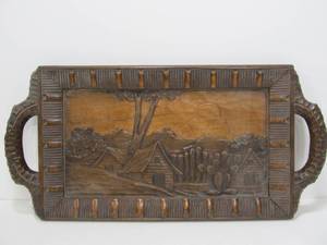 lot 143 image: Nice Vintage German Black Forest Relief Carved wood Tray