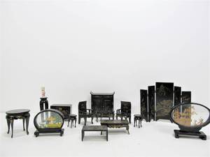lot 144 image: Nice Group of Vintage Wooden Oriental Style Doll Furniture etc