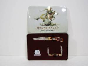 lot 85 image: Brand New WINCHESTER Folding Knife Set in Metal Box