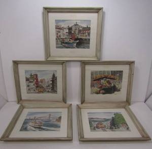 lot 157 image: Lot of 5 Original 1950s Era CaliforniaSan Francisco Area Watercolor Paintings by Frank Serratoni