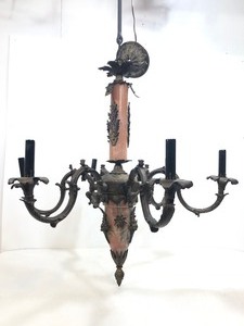 lot 1 image: Fantastic LARGE Antique BrassBronze & Pink Onyx 6-Light Chandelier