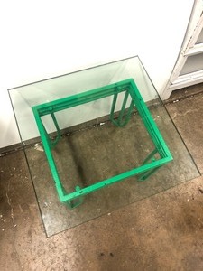 lot 277 image: Retro Green Metal Table with Very Thick Leaded Glass Top