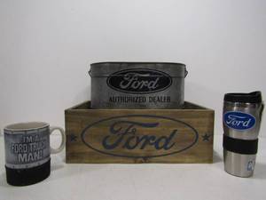 lot 258 image: Group of FORD Advertising Decor Items & New Travel Mug