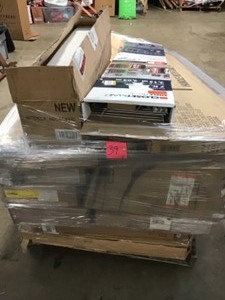 PALLET WITH ASSORTED LIGHTS & SHELVINGRACKS & OTHER HOUSE SUPPLIES CUSTOMER RETURNS SEE PICS