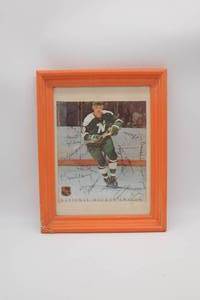 lot 80 image: Framed Early 70s Bill Goldsworthy North Stars Program cover with Game Players signatures, Some now Hall of Famers