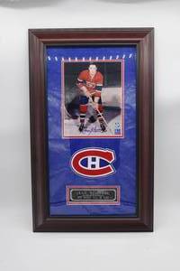 lot 84 image: Framed, signed Jean Beliveau 1972 Hockey Hall of Fame photo with certificate of authenticity.