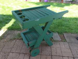 lot 102 image: Rustic wooden garden cart and 2 Tile decorated patio tables