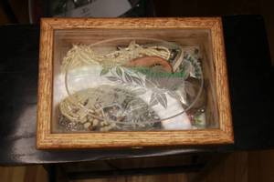 lot 404 image: Vintage wood jewelry box, Antique compass, beaded and misc.jewelry