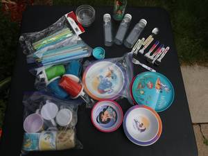 lot 130 image: &nbspDisney, Barney, Pokmon Childrens dishes and silverware, Tupperware cups with detachable sippy lids, glass bowls, misc. items