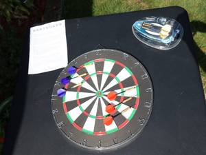 lot 69 image: Cork Dart board set Hardly used