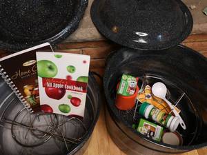 lot 444 image: Pair of Granite Ware canning stock pots with cooking extras