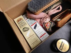 lot 458 image: Vintage brush with care items zippered in and Box with  shoe polish , rags and brushes