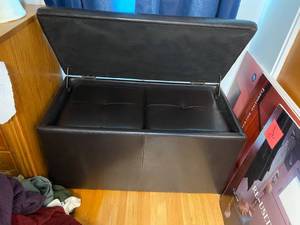 lot 356 image: Dark Faux leather end of bed trunk with two matching footstools