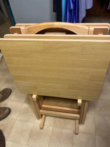 lot 221 image: Four blonde wood TV trays and couch tray