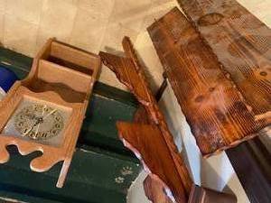 lot 298 image: Hanging shelf wall clock and large pine shelf