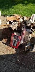 lot 120 image: Metal fire wood holder, Leather gloves, Sandwich fire camp cooker, Unopened Grill steamer brush, Unopened Hot Dog griller, Charcoal holder pot