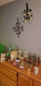 lot 226 image: Metal wall and table candle holders, assorted candles and decorativeholders