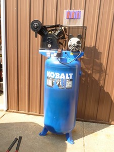 Kobalt 60 gallon 220 volt air compressor. Nearly new. Has minor scratches. Needs to be wired. Tested & works. As shown.