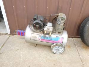 Sanborn Power Pro 4 hp horizontal air compressor. Wheels need to be attached. Tested & works. As shown.