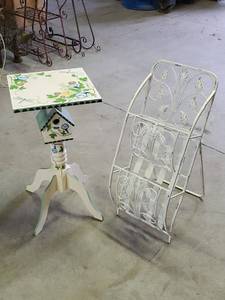 lot 107 image: Bird House Table with a Dragonfly Design & a Metal folding magazine rack
