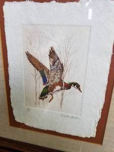 lot 105 image: Signed Print on Handmade Paper-  Wood Duck in Flight