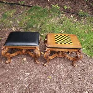 lot 36 image: Pair of Intricately Carved Reversable BenchesChess Boards