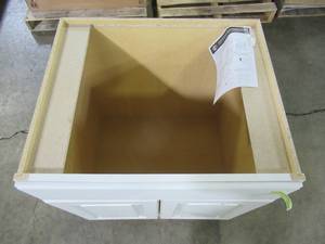 lot 157 image: Hampton Bay Assembled 30x34.5x24 in. Sink Base Kitchen Cabinet in Satin White KSB30-SW