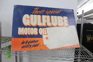 lot 230 image: Cardboard Sign Thrift Special Gulflube Motor Oil
