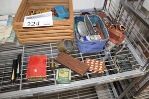 lot 224 image: Toy Cars, Small Wood Box, Toy Guns, Toy Gun Leather Holster,  Cards, Typewriter Ribbon, Carbolized Salve, Sheaffer Pen Set, And More