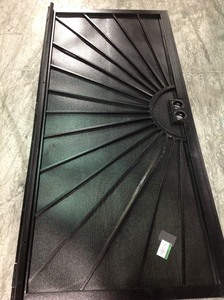 lot 116 image: US Door and Fence 36 in. x 80 in. Nuevo Dia Black Steel Surface Mount Outswing Security Door with Perforated Steel Screen Inlay not used