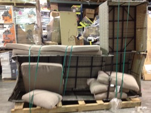 lot 110 image: Valley Peak 3-Piece All-Weather Gray Wicker Sectional Outdoor Patio Set with Beige Cushions by  Hampton Bay not used have some small damage