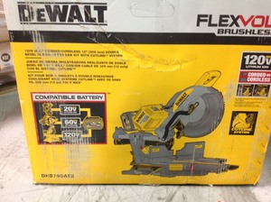lot 106 image: DEWALT FLEXVOLT 120-Volt MAX Lithium-Ion Cordless Brushless 12 in. Sliding Miter Saw w AC Adapter, (2) Batteries 2Ah & Charger not used