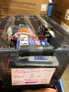 BIN WITH ASSORTED TOOLS CUSTOMER RETURNS SEE PICS