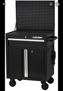 lot 5 image: HUSKY 27 in. W 1-Drawer 2-Door Tool Chest Rolling Cabinet in Gloss Black with Flip-up Pegboard