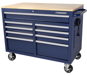 lot 61 image: HUSKY 46 in. W 9-Drawer, Deep Tool Chest Mobile Workbench in Gloss Blue with Hardwood Top