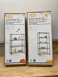lot 76 image: HDX Lot of 2- Wire Shelving Units.  One 4-shelf 36 in W x 14 in L x 54 in H and One 5-shelf 36 in W x 16 in L x 72 in H