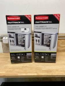 lot 78 image: RUBBERMAID Lot of Two- FastTrack Garage 24 in. H x 24 in. W x 10-12 in. D Tool Cabinet Kit Rail Storage Systems (5-Piece)
